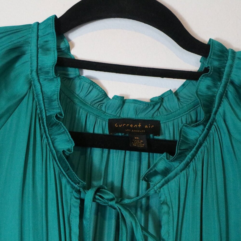 Current Air Anthropologie Pleated Tiered Drop Waist Satin Mini Dress XL Teal - Picture 4 of 8